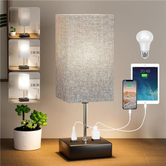 3Color Temperature Bedside Lamp with USB Port &AC Outlet Table Lamps for Bedroom - Picture 4 of 7